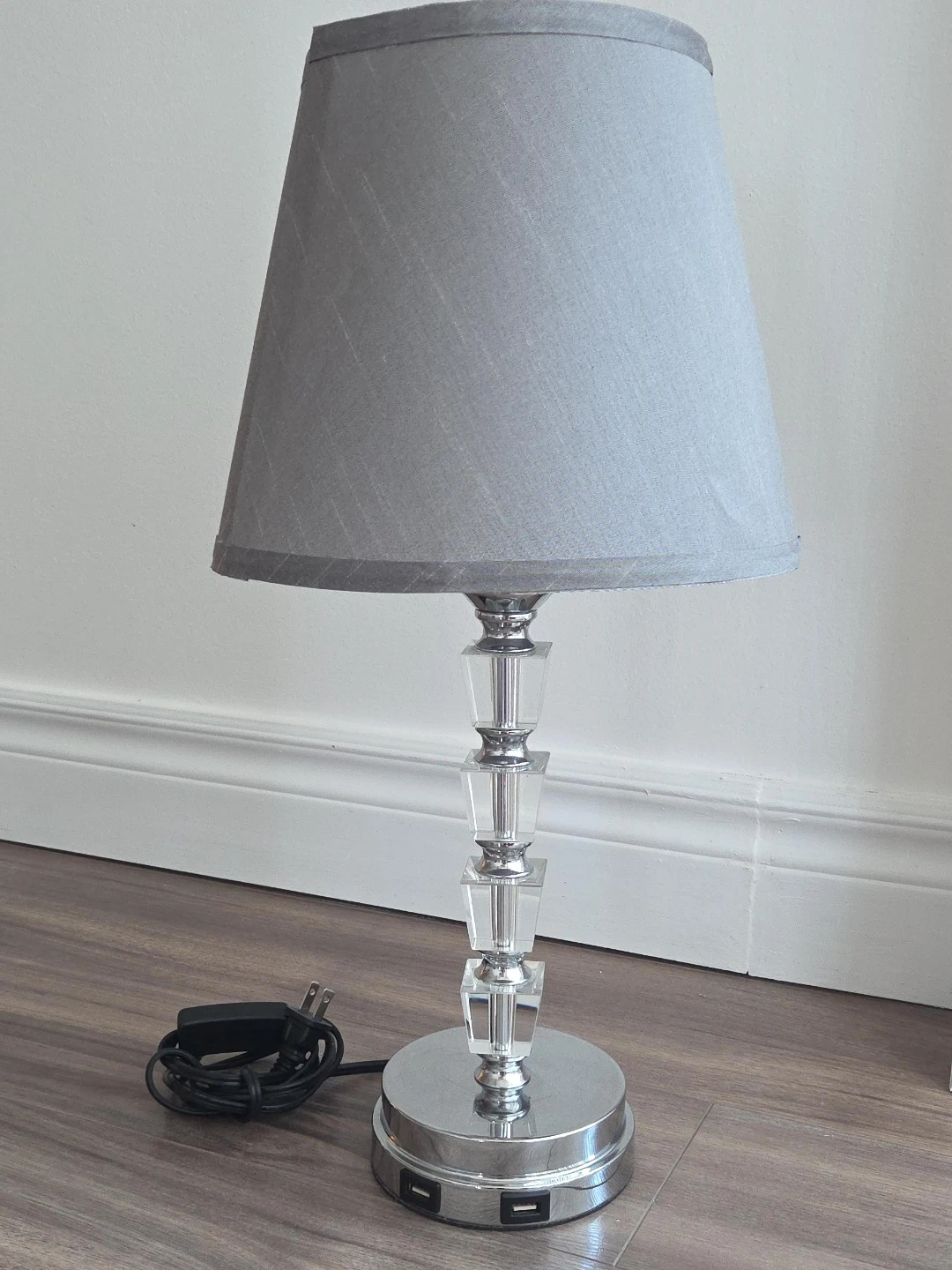 Crystal Accent Table Lamp with USB Ports - Grey Shade