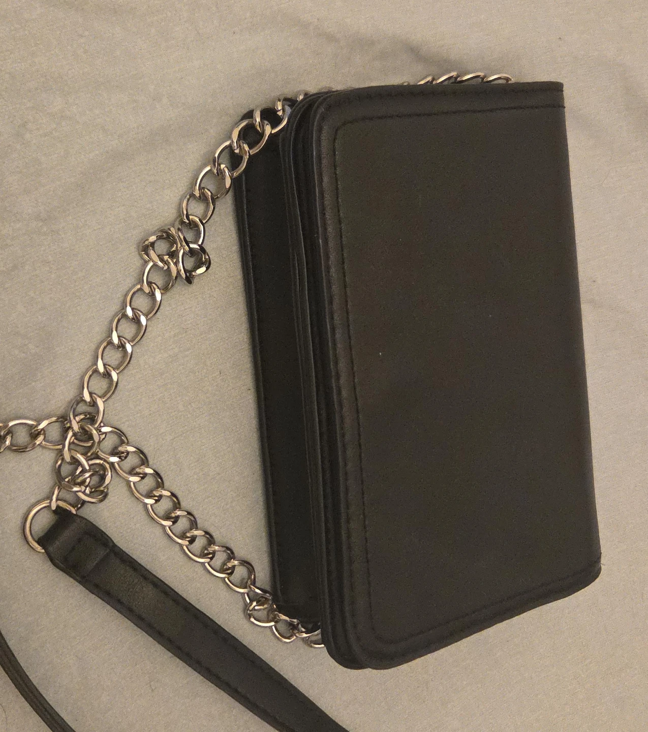 Black Faux Leather Wallet Purse with Chain Strap