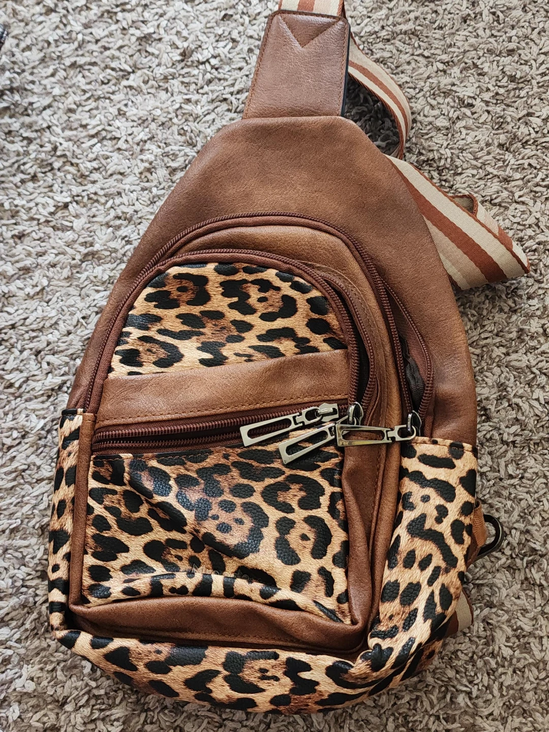 Brown Faux Leather Sling Bag with Leopard Print Accents