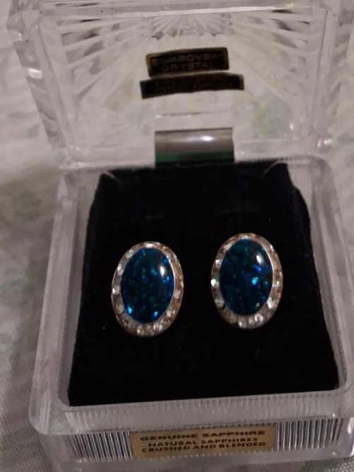 Oval Blue Sapphire & Crystal Earrings in Case