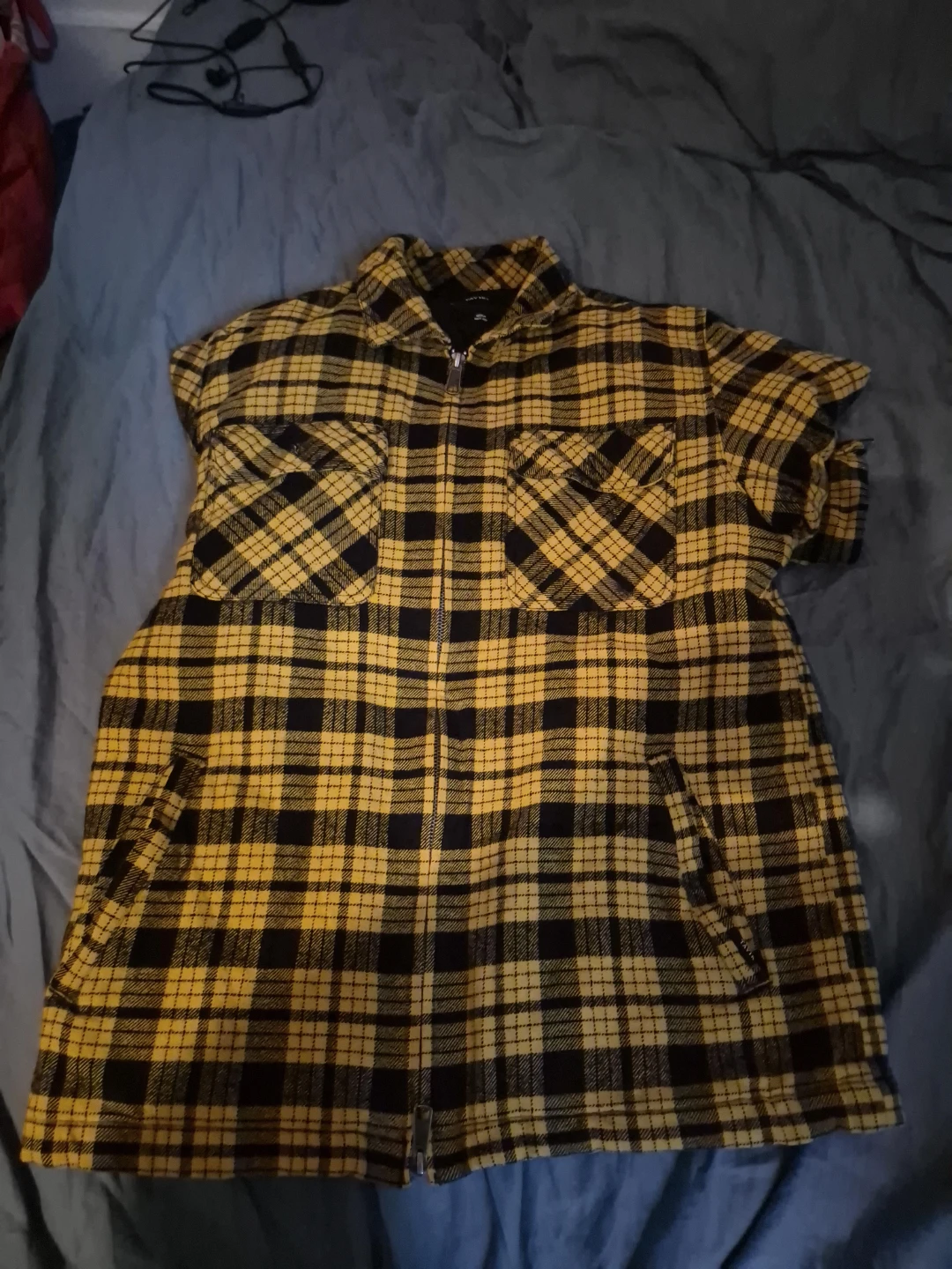 Yellow and Black Plaid Zip-Up Shirt Jacket