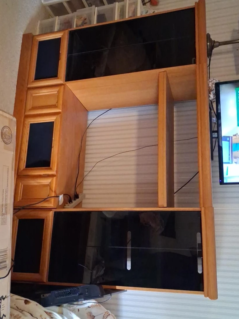 Wooden Media Console with Black Glass Doors