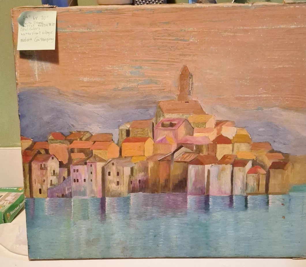 24" x 20" Waterfront Village Oil Painting - Modern Contemporary
