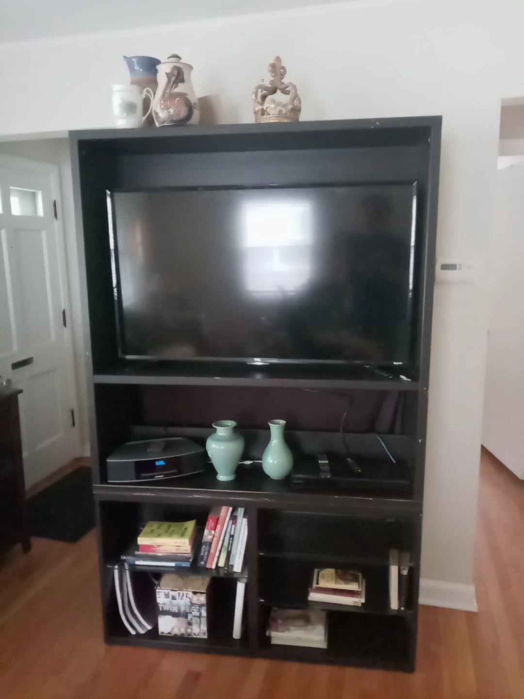 Black Media Console with Storage Shelves