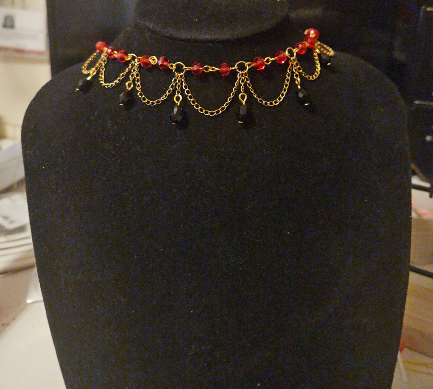 Gold-tone Choker Necklace with Red and Black Beads