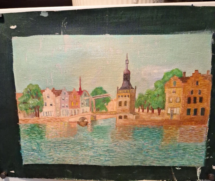 Original Oil Painting of a European Canal Scene