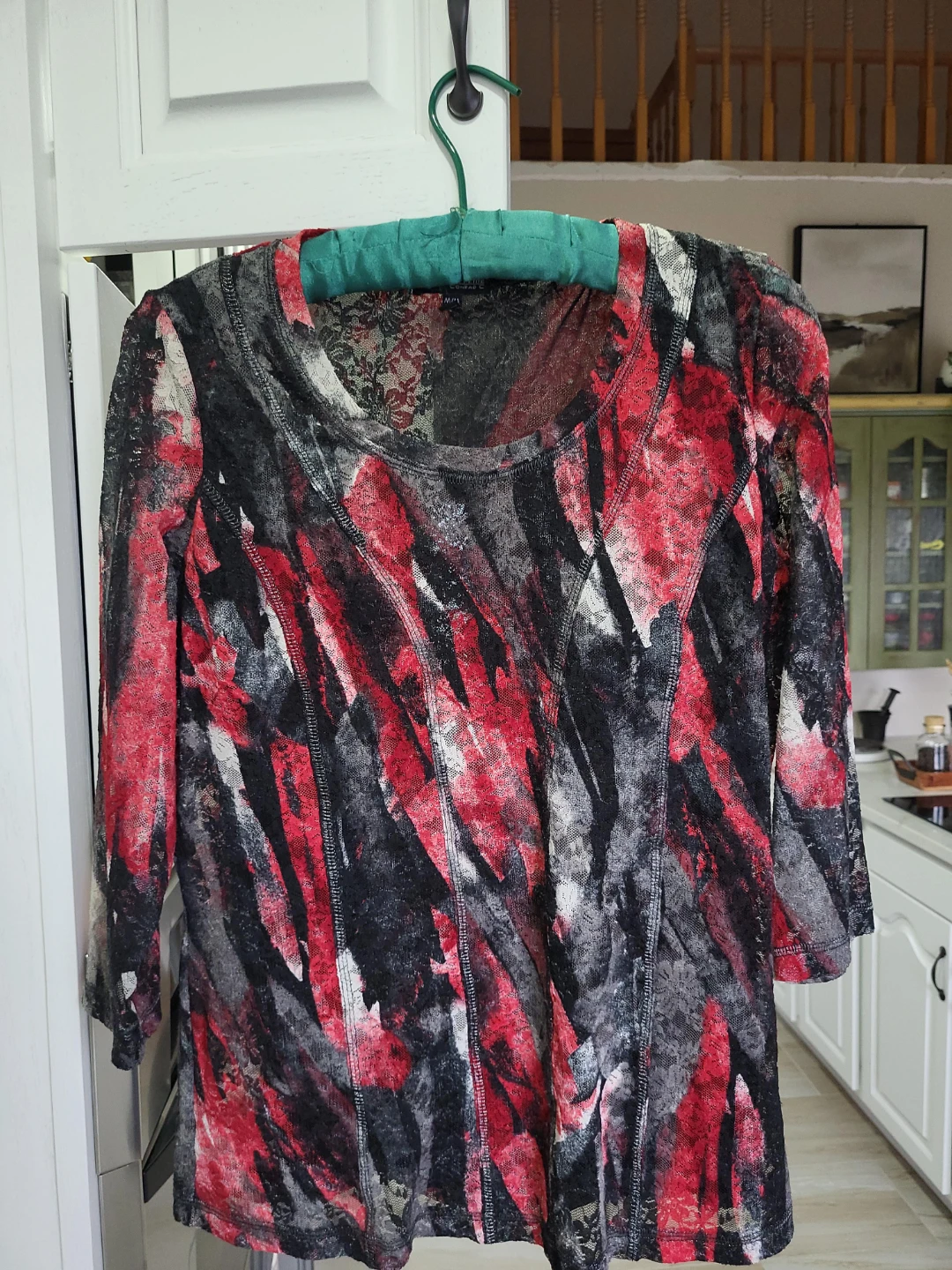 Womens Red, Black, and Grey Abstract Print Top