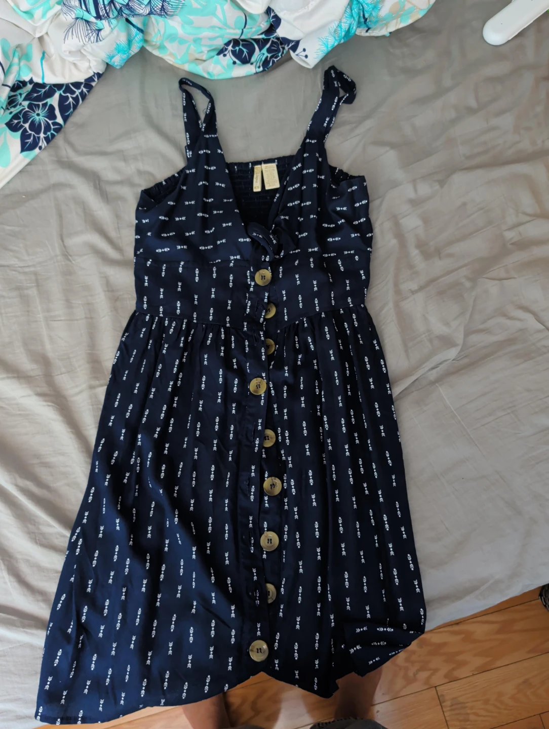 Navy Blue Button-Up Sundress with White Pattern
