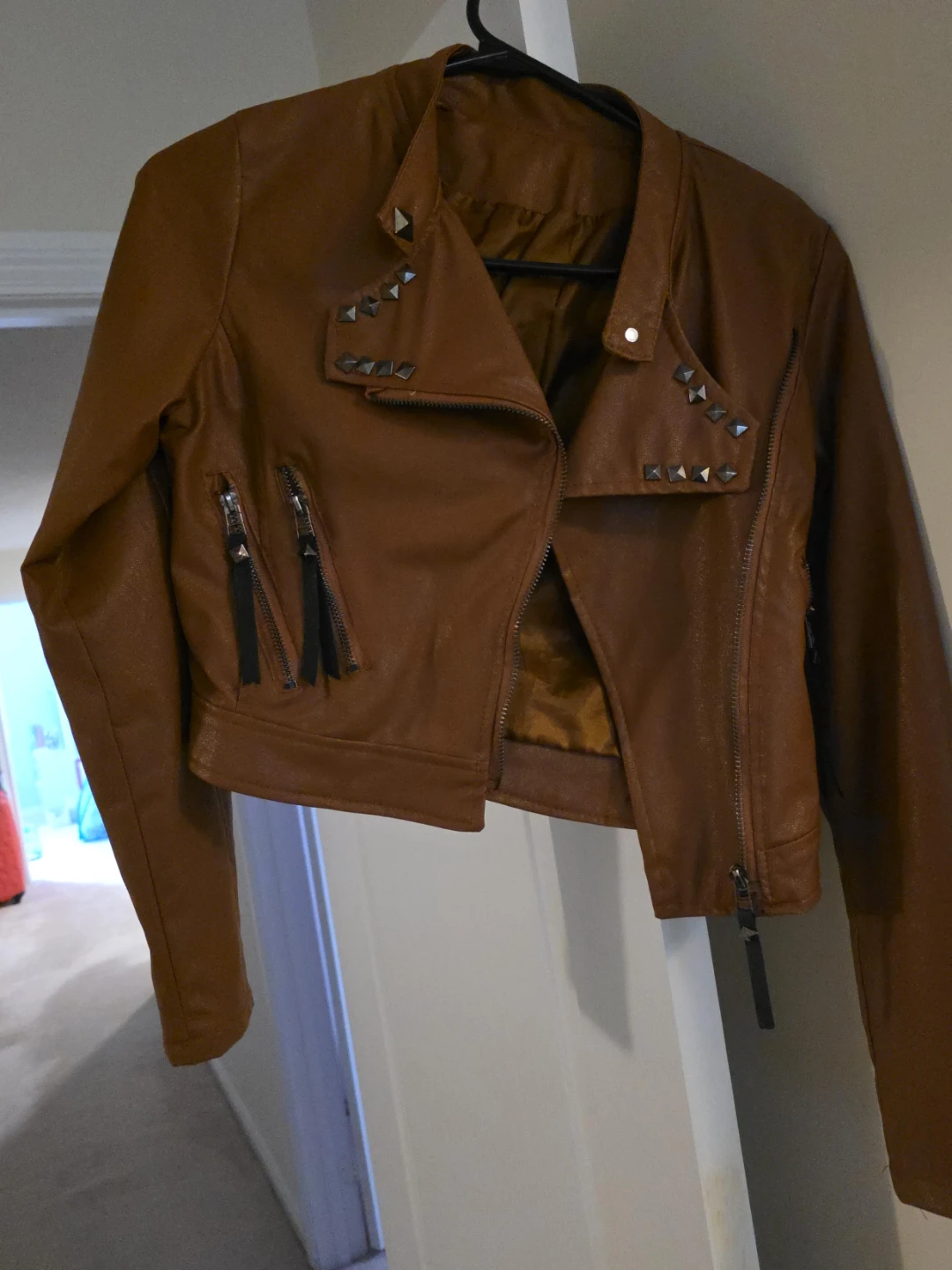 Brown Faux Leather Studded Biker Jacket