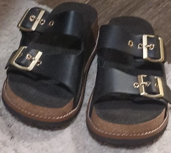 Black double strap sandals with gold buckles