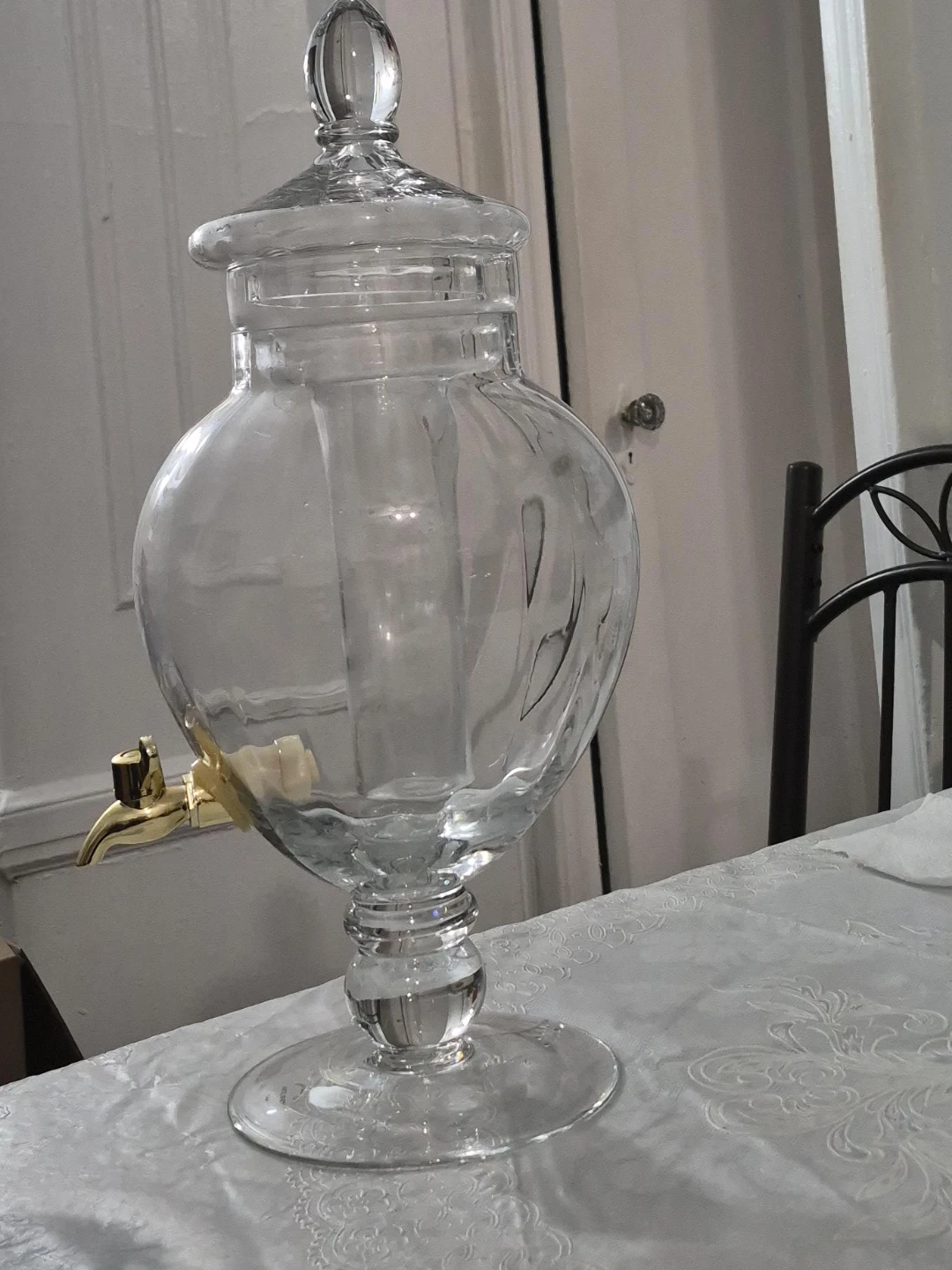 Clear Glass Beverage Dispenser with Gold Spigot