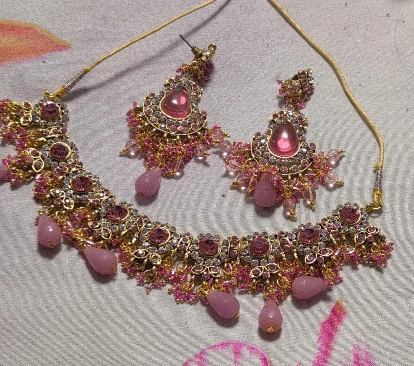 Pink and Gold Indian Jewelry Set with Earrings