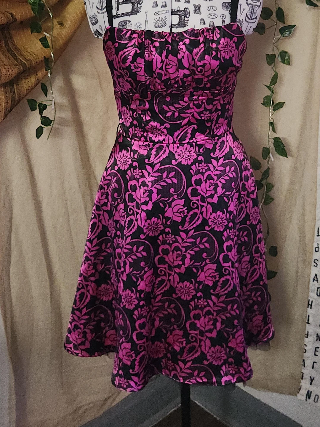 Strapless Pink and Black Floral Print Dress