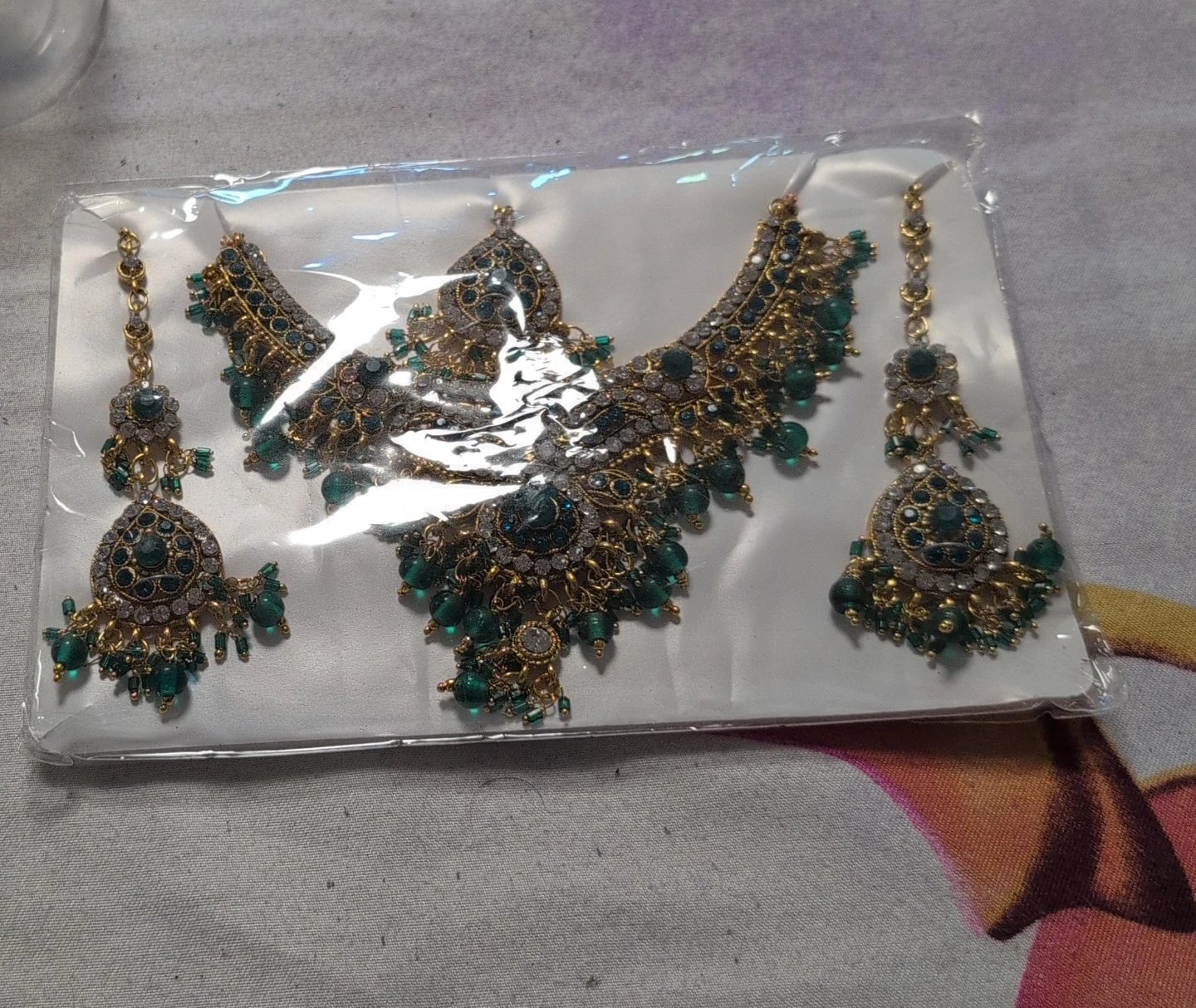 Gold-tone Necklace and Earring Set with Green Stones