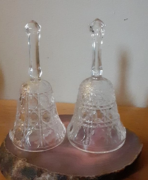Set of 2 Clear Glass Etched Bells