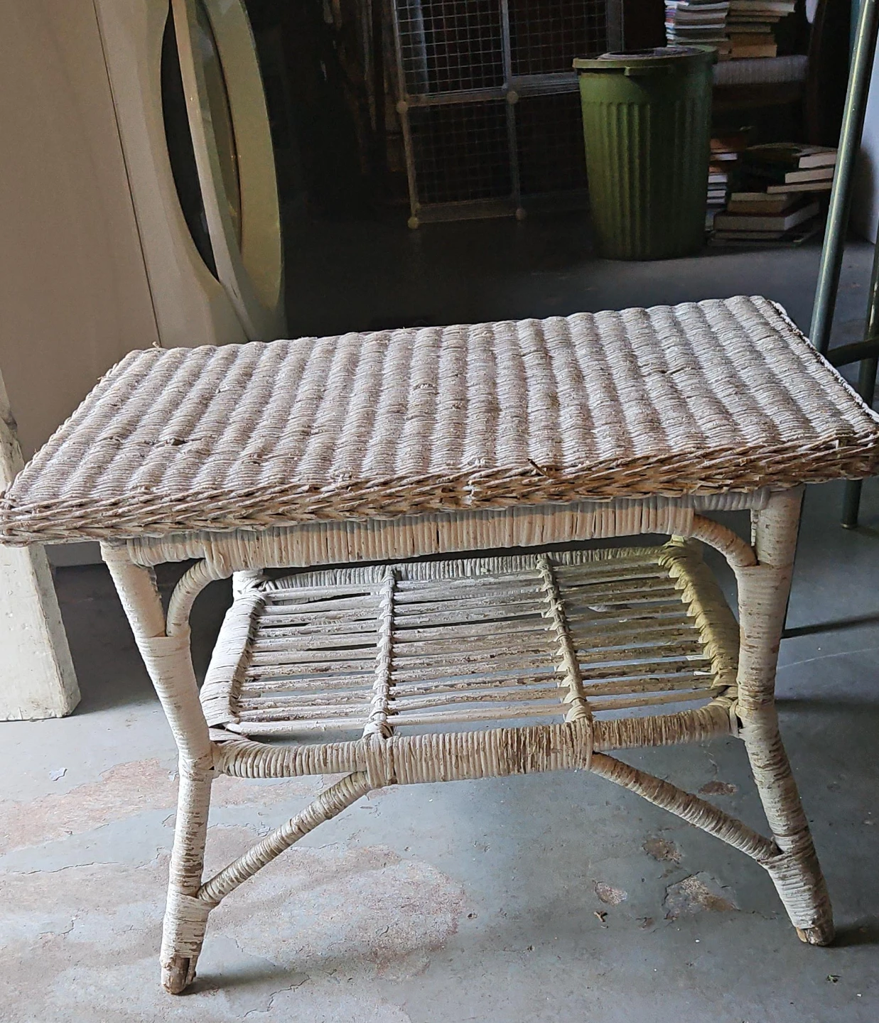 White Wicker Side Table with Shelf