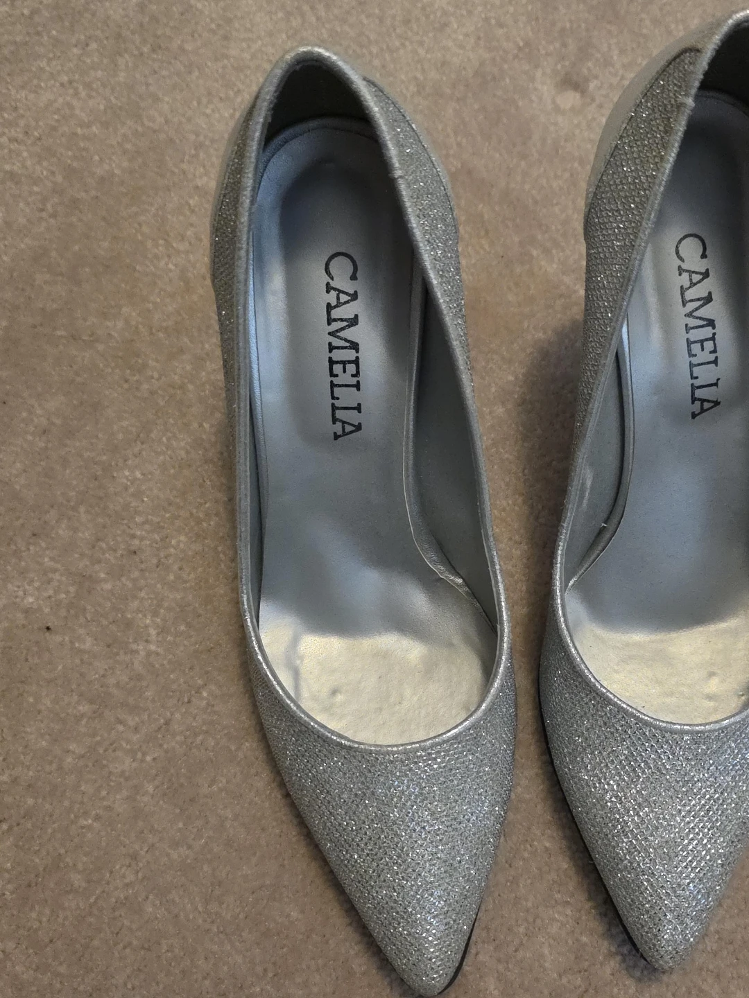 CAMELLIA Silver Glitter Heels - Size 40