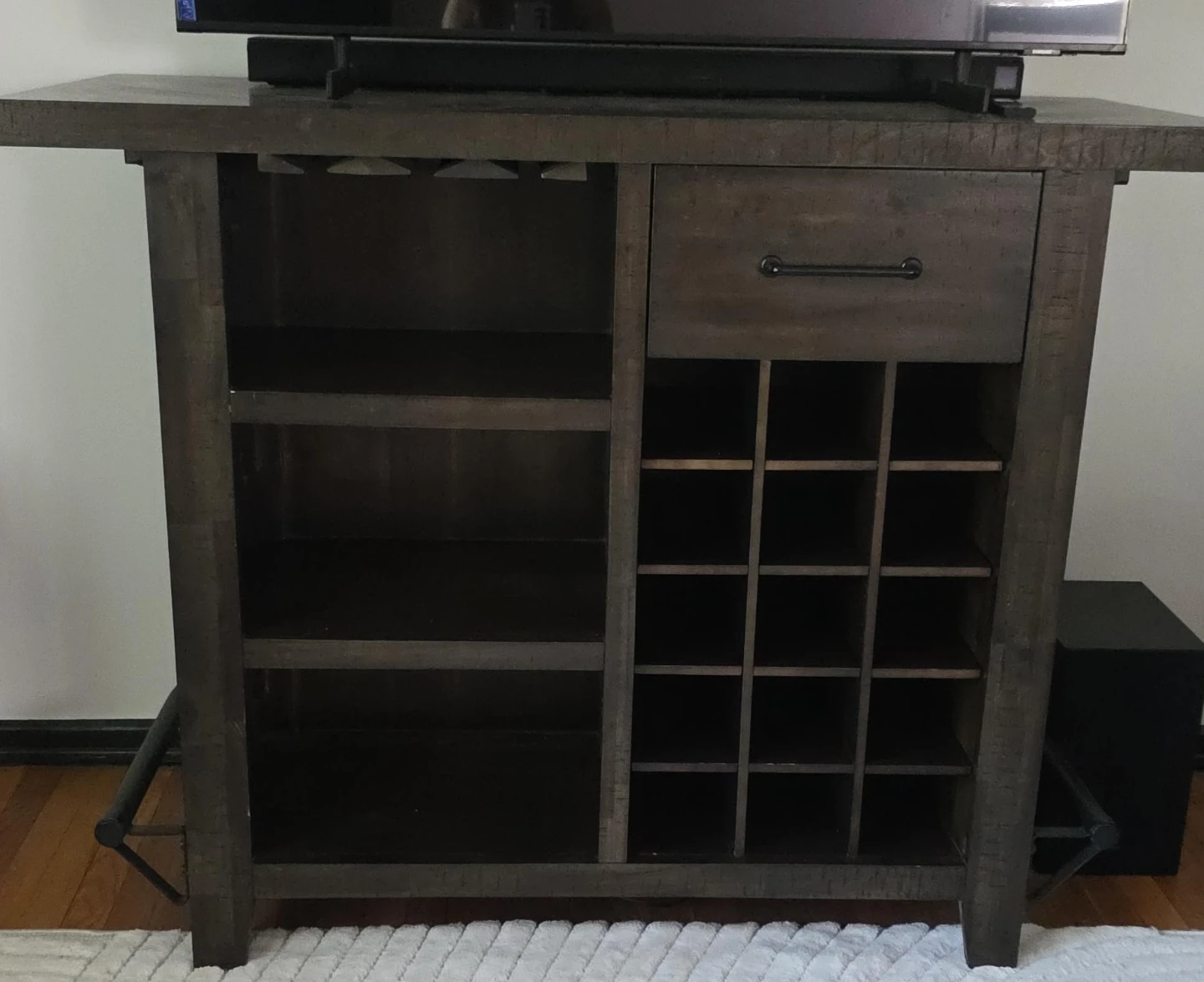 Rustic Wood Bar Cabinet with Wine Rack and Glass Hangers