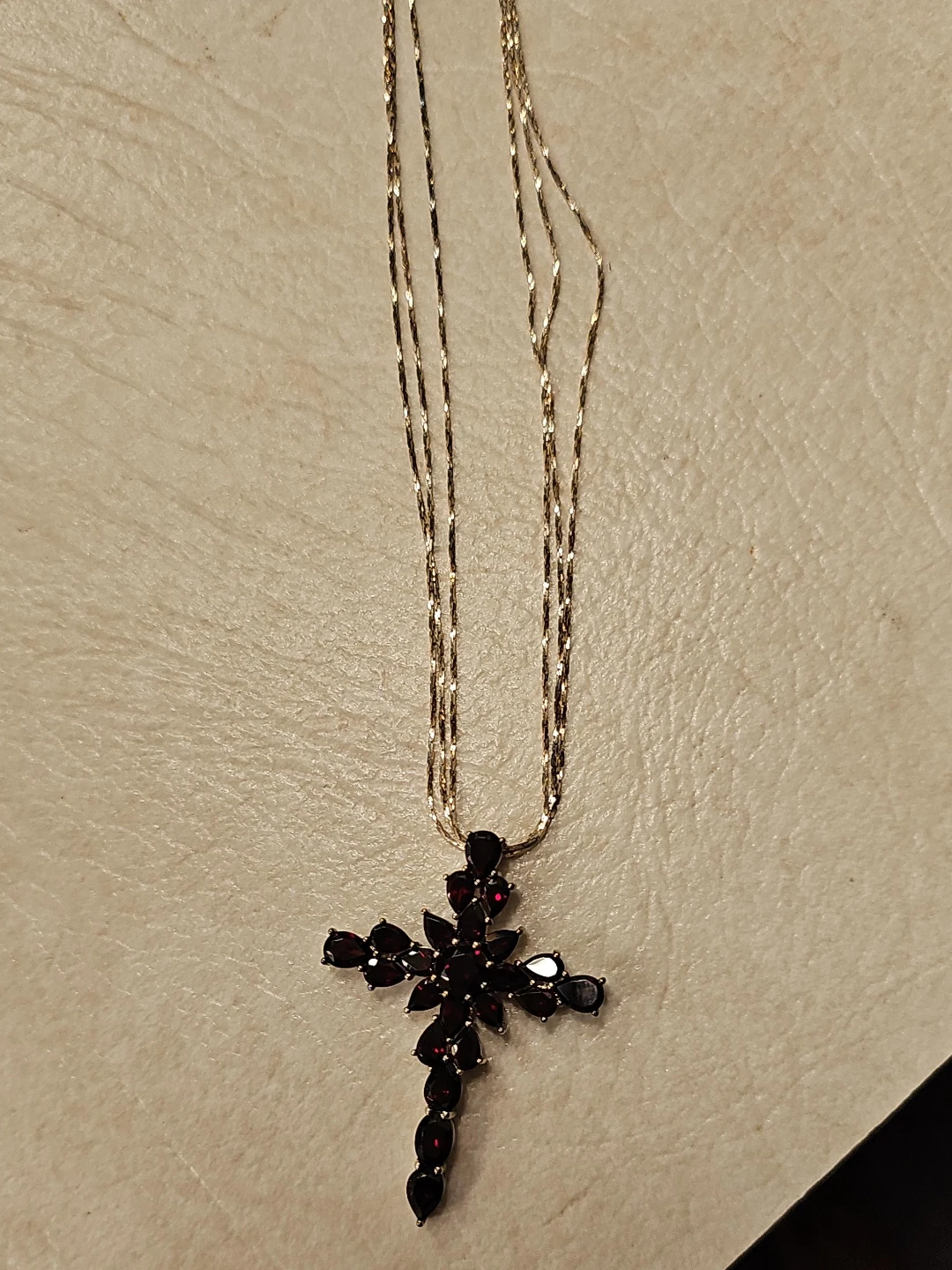 Gold Chain Cross Necklace with Garnets