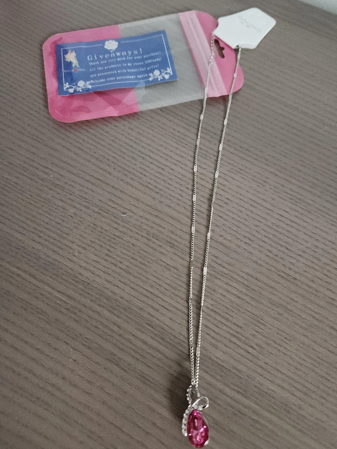 Silver Tone Necklace with Pink Pendant