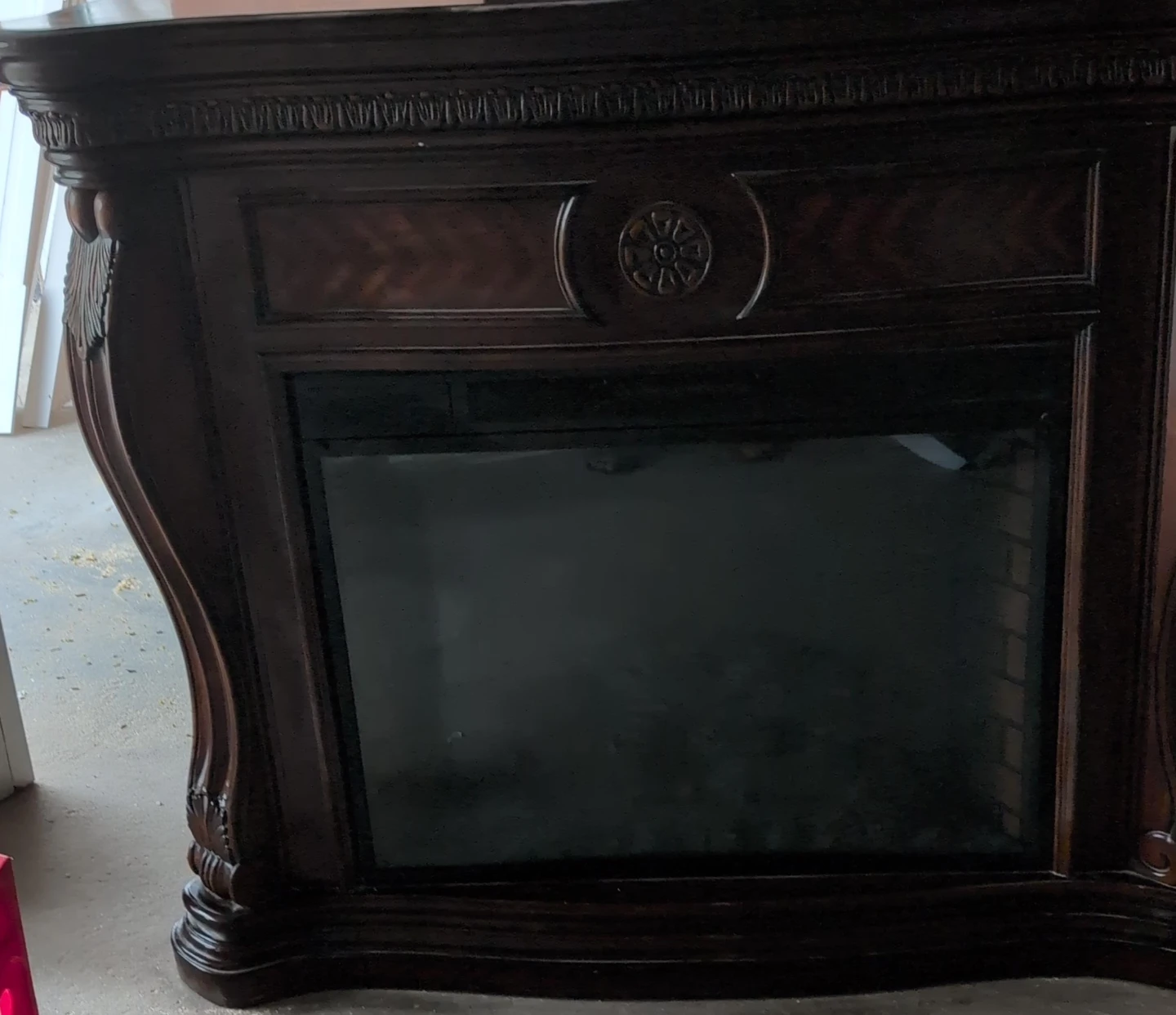 Dark Wood Electric Fireplace with Detailed Carvings