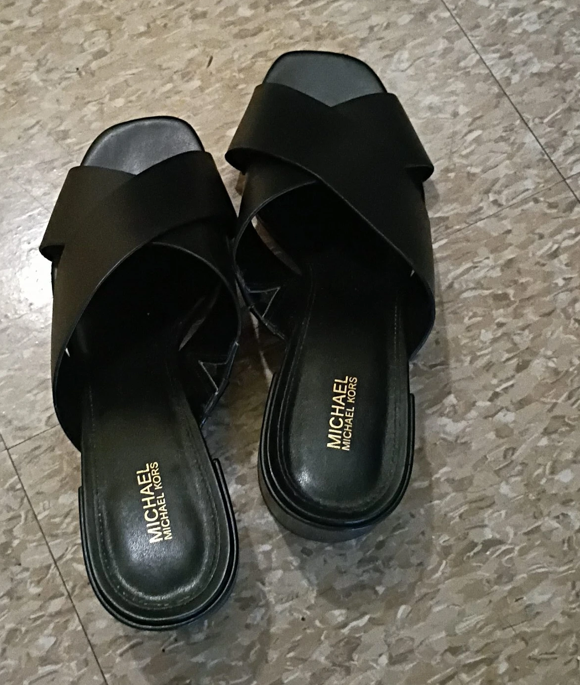 Michael Kors Black Leather Crossover Platform Slide Sandals