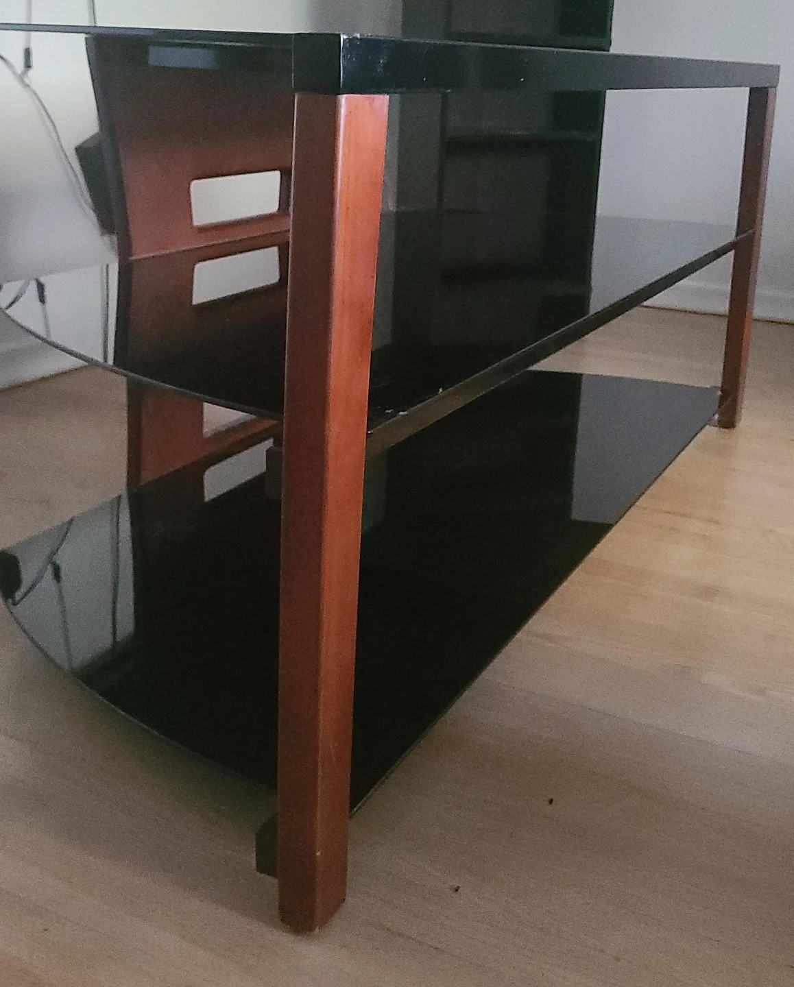 Black Glass Media Console with Wood Accents