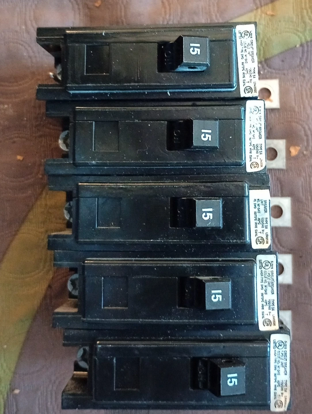 5 single Square D Circuit Breakers - 15 Amp (Lot of 5)