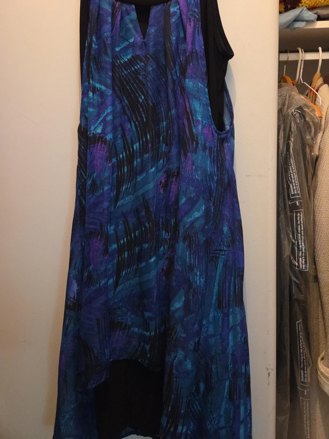 Blue and purple abstract print sleeveless dress