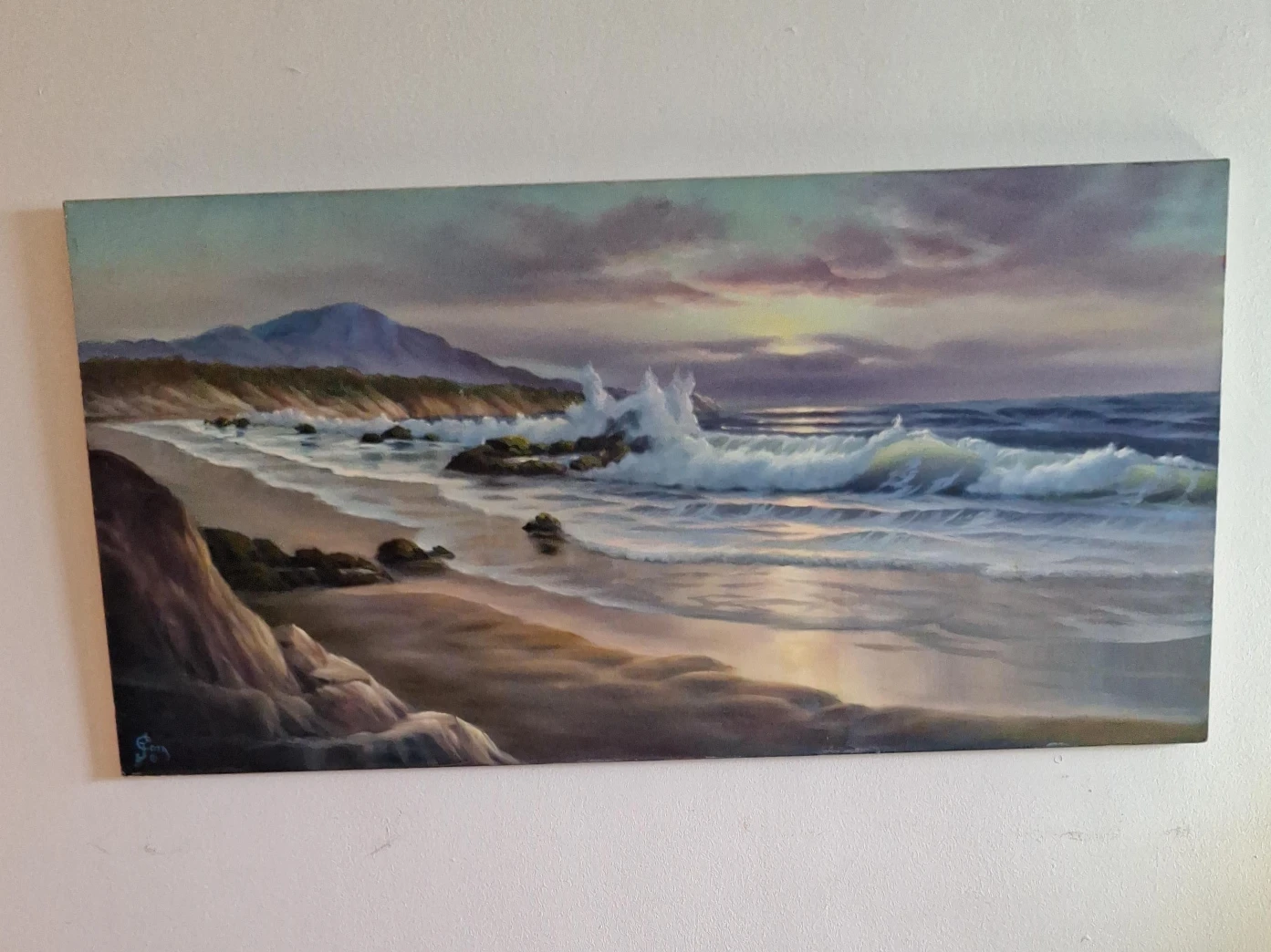 Seascape Oil Painting of Ocean Waves and Mountains