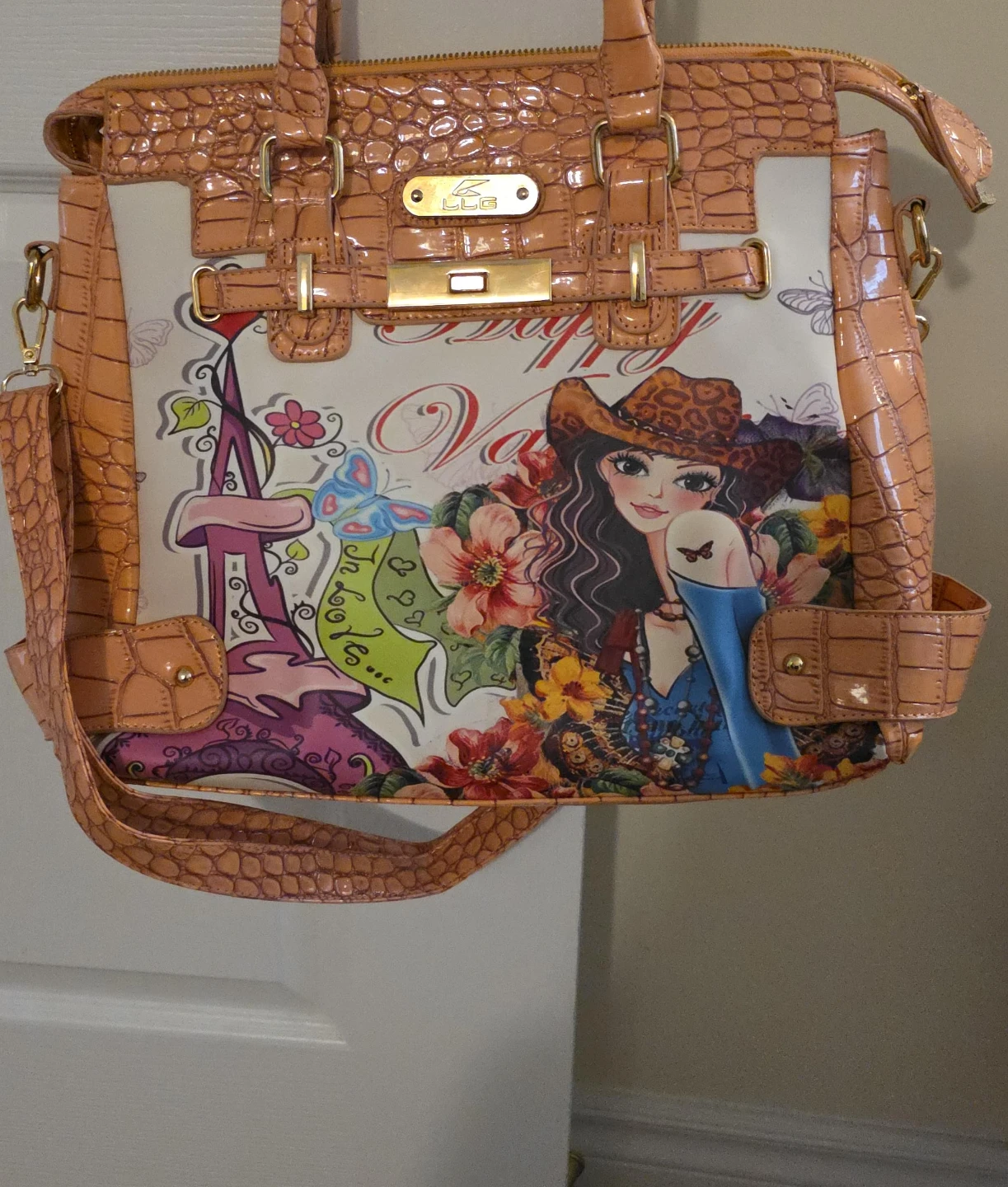 Pink Crocodile-Embossed Tote Bag with Graphic Print