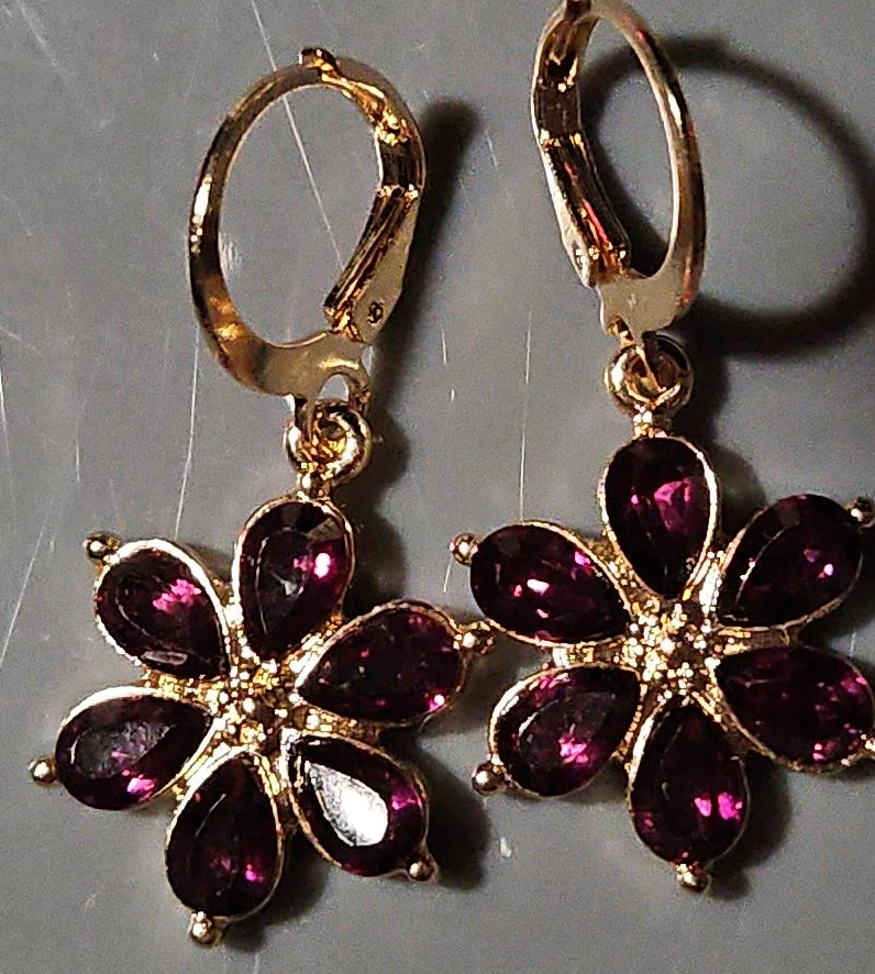Gold Tone Flower Earrings with Purple Gemstones