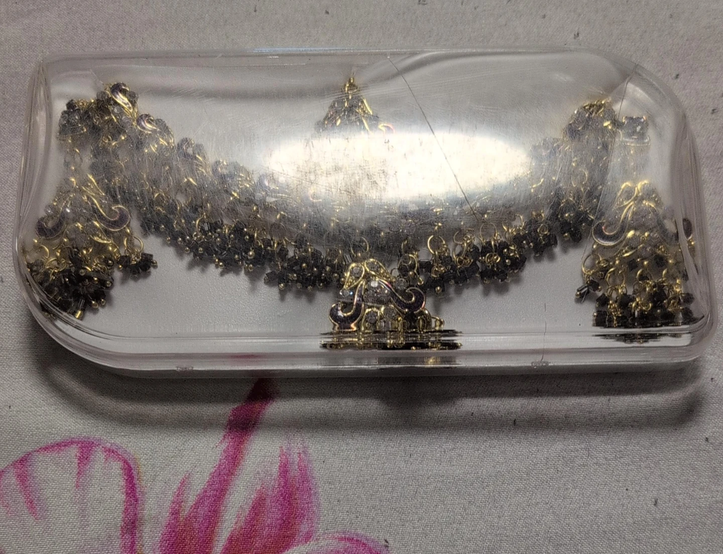 Gold-toned Necklace and Earring Set with Black Beads