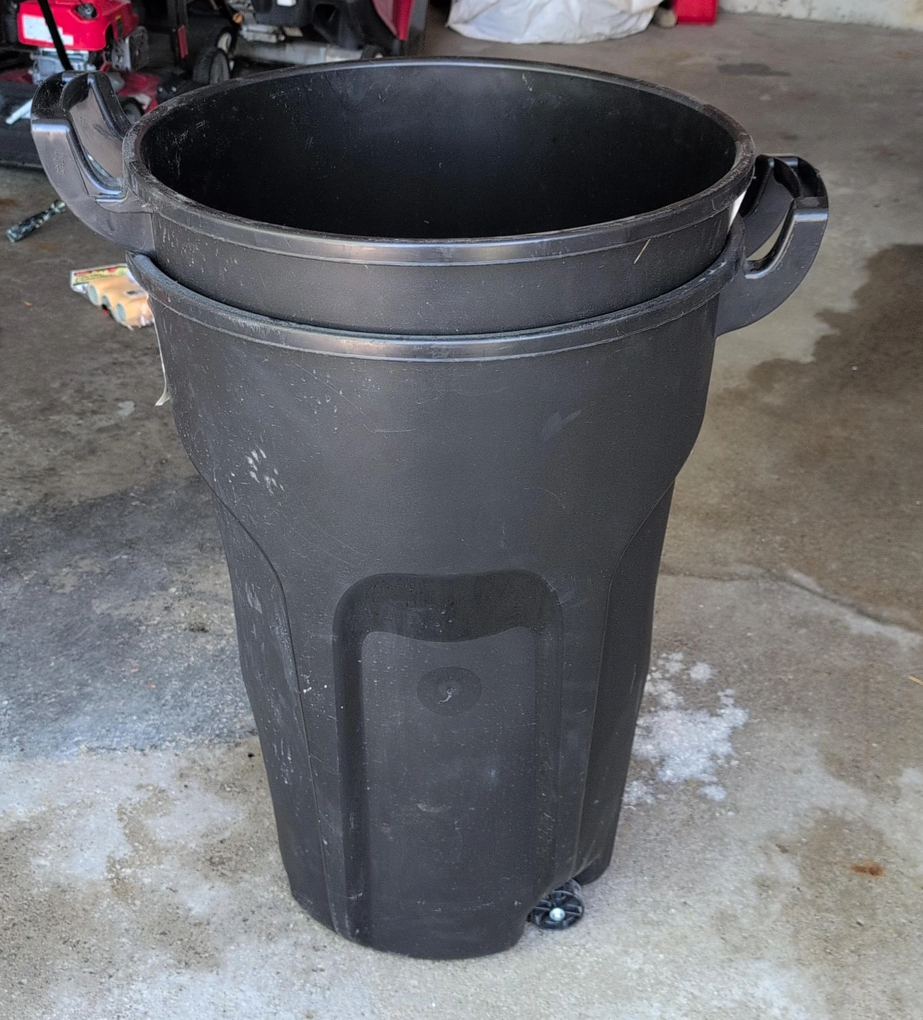 Black Plastic Trash Can with Wheels two for $25