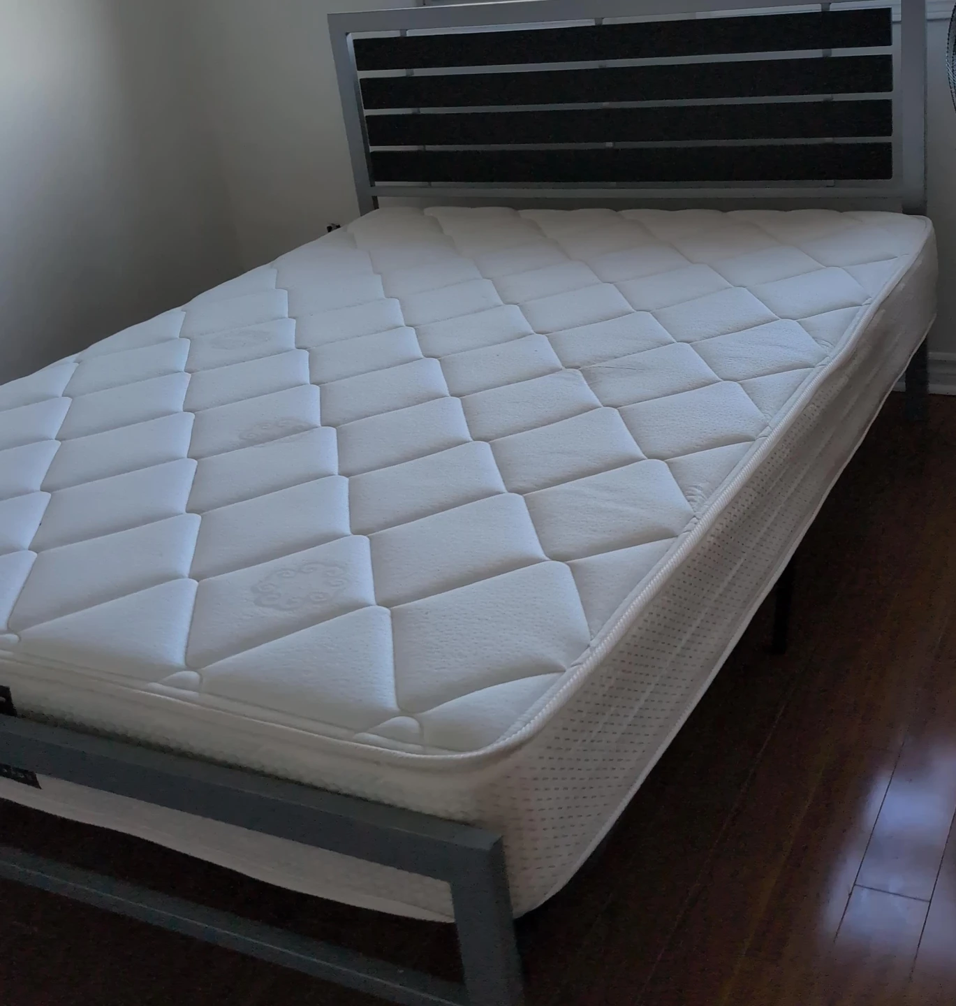 White Queen Size Mattress with Grey Bed Frame