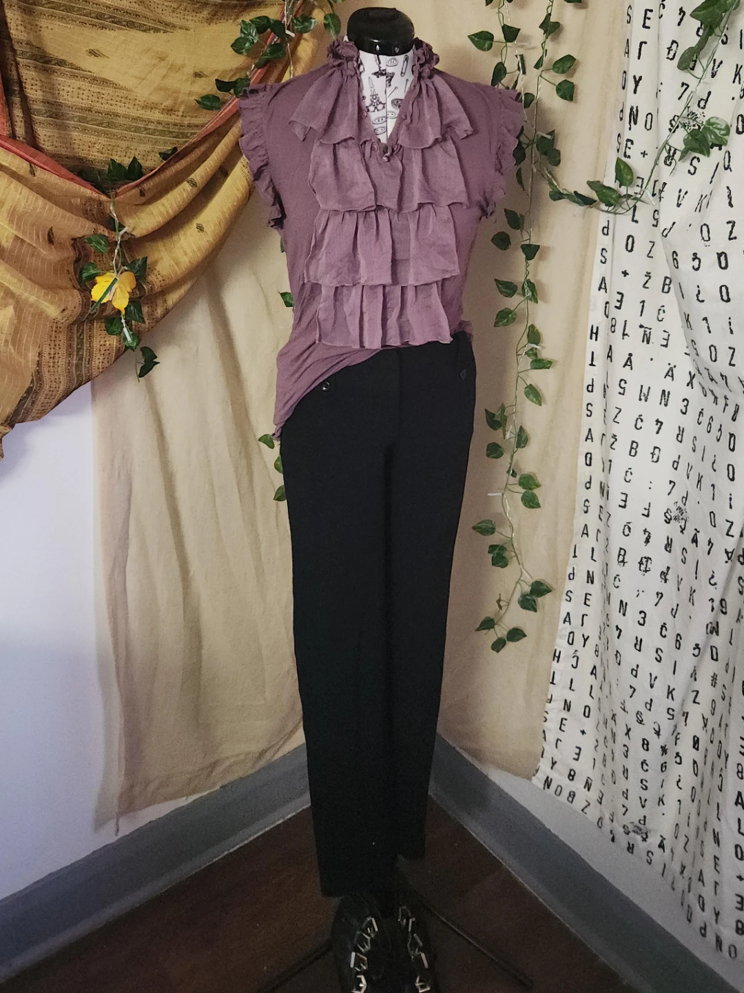Women's Purple Ruffled V-Neck Blouse and Black Pants Set