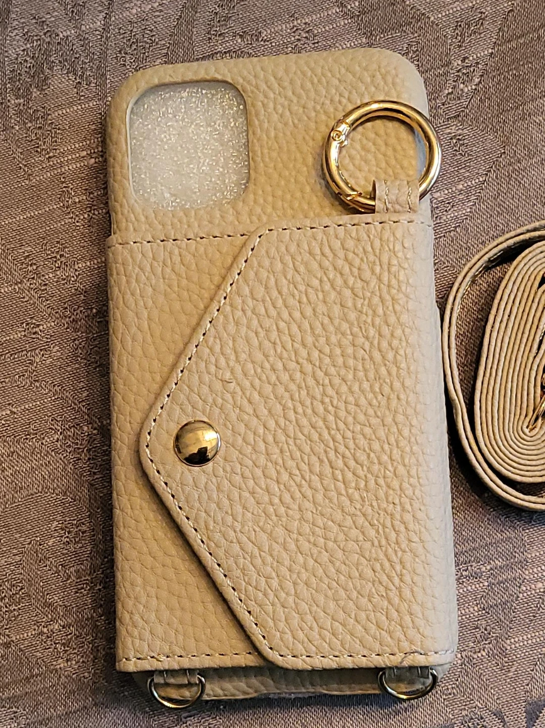 Light Beige Leather Wallet Phone Case with Strap