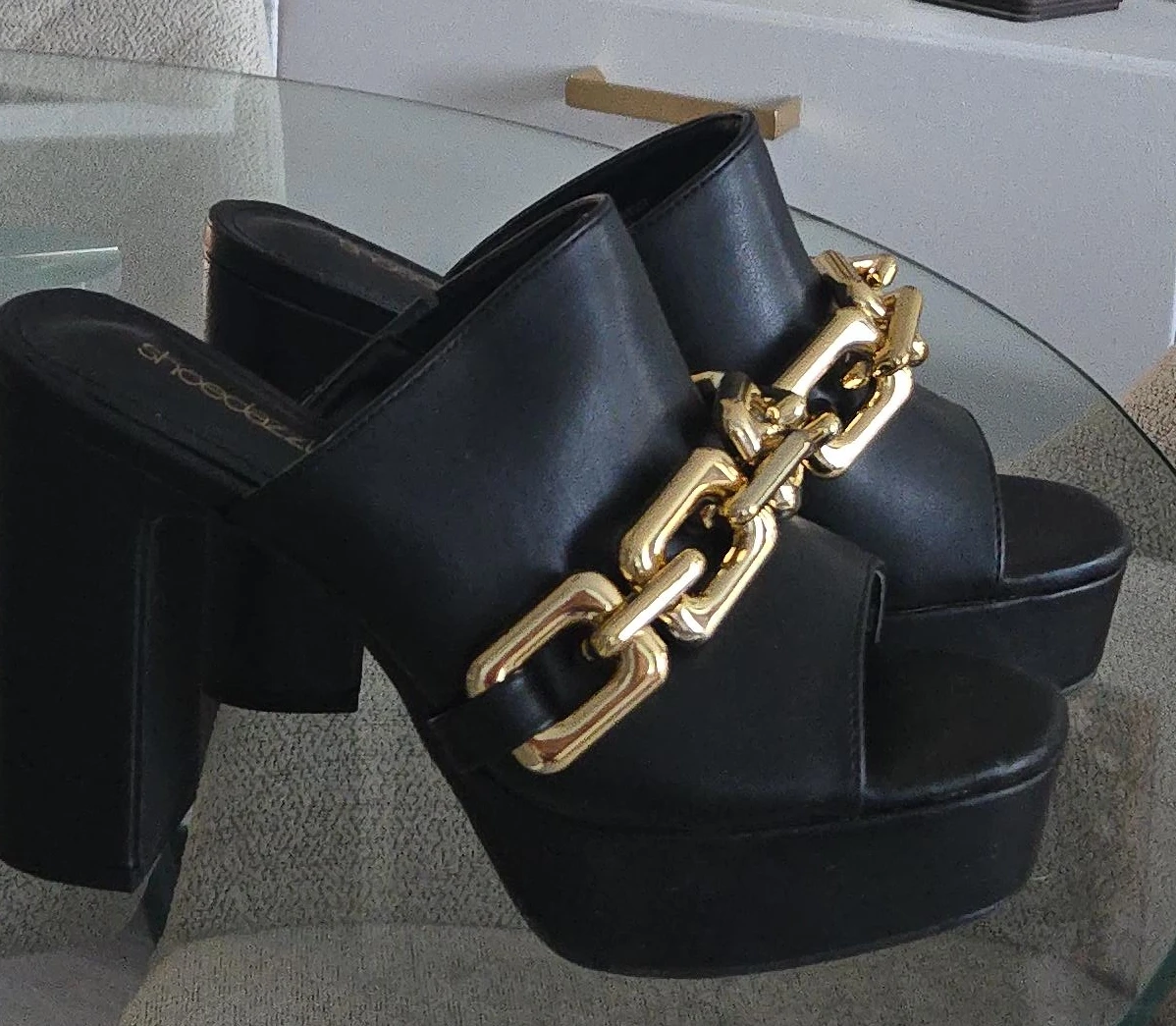 Shoedazzle Black Platform Mule Sandals with Gold Chain