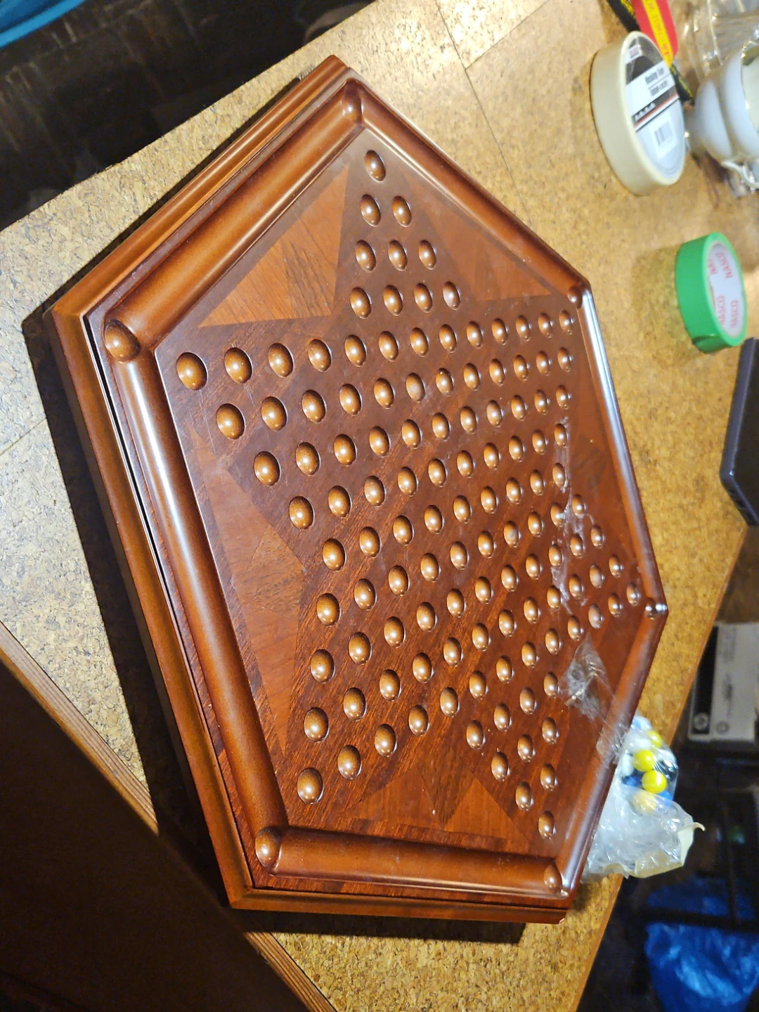Wooden Solitaire Board Game with Marbles