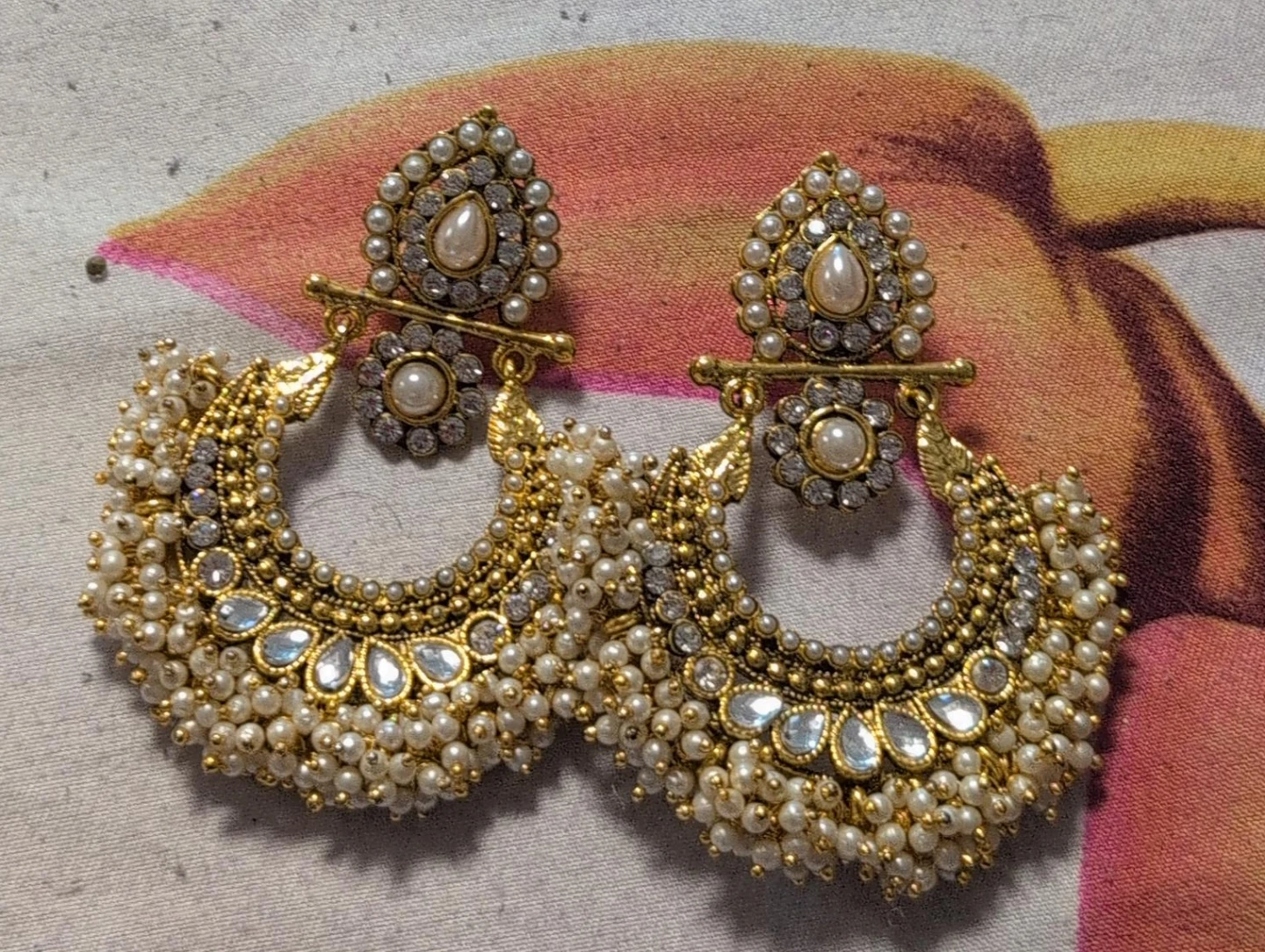 Gold Tone Pearl Hoop Earrings