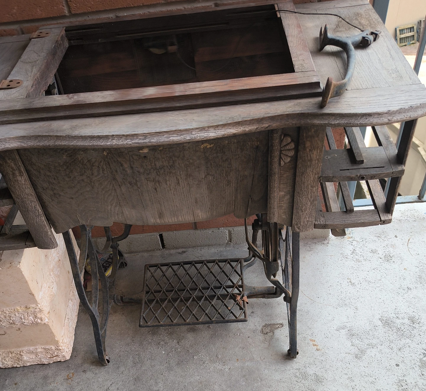 Antique Wooden Sewing Machine Table with Cast Iron Base