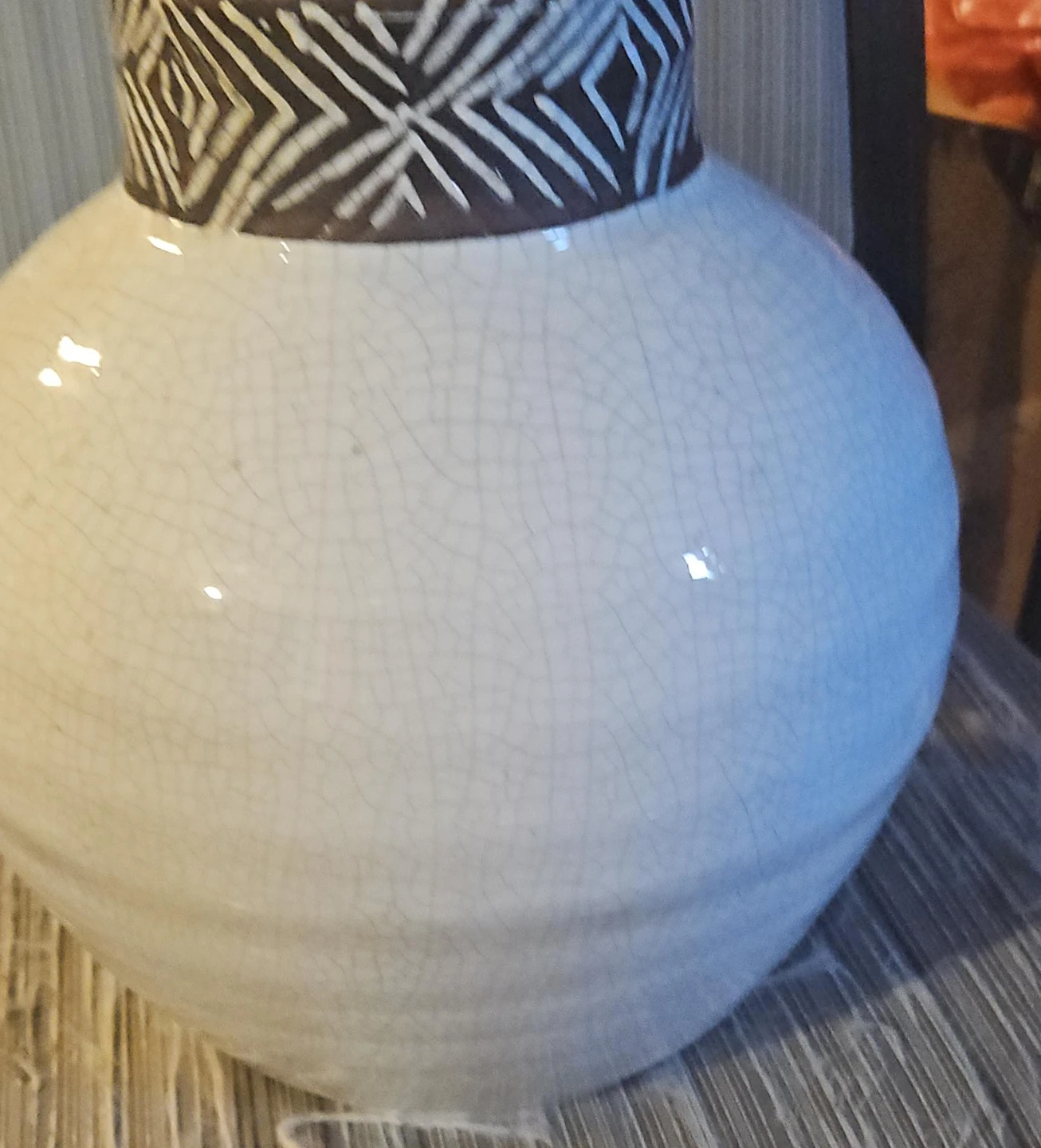 Large Cracked Ceramic Vase with Geometric Pattern