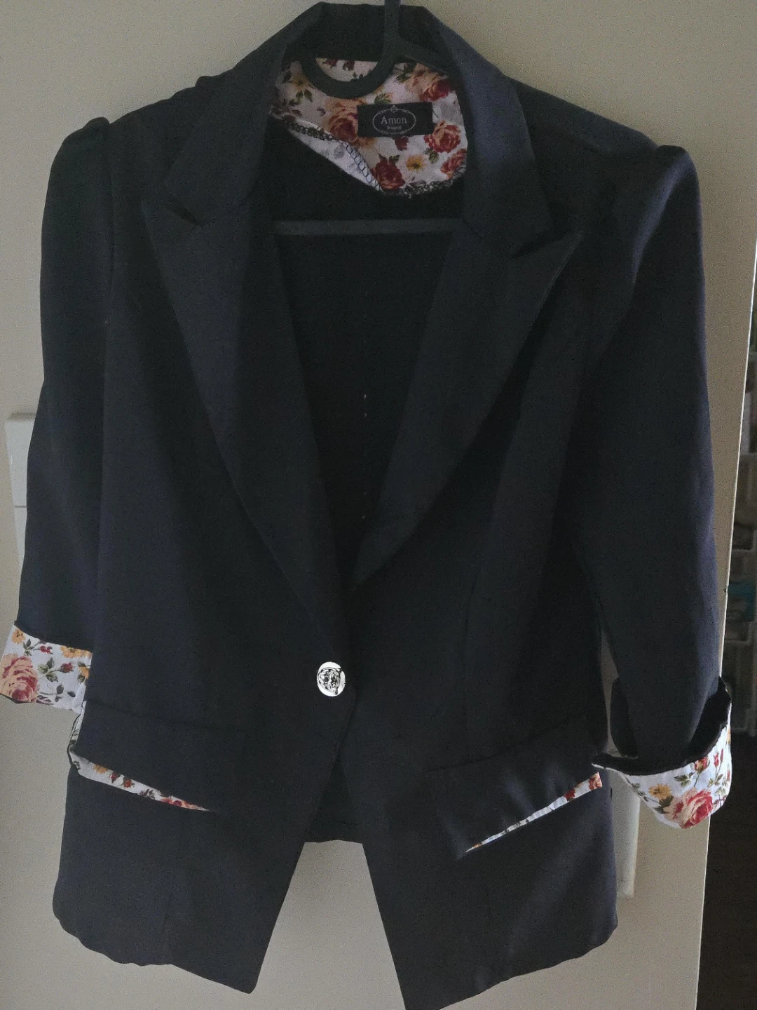 Amore Women's Black Blazer with Floral Sleeves