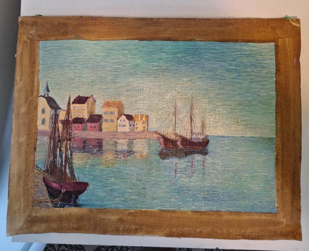 Vintage Oil Painting of Sailboats and Coastal Town