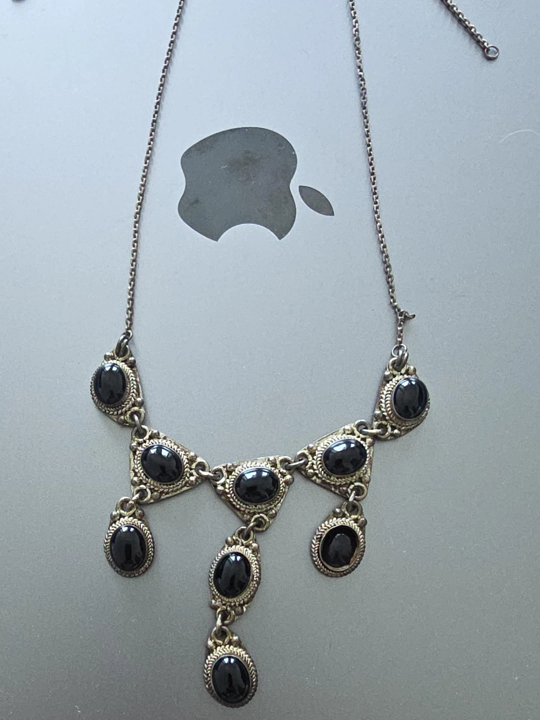 Silver Tone Necklace with Black Stones