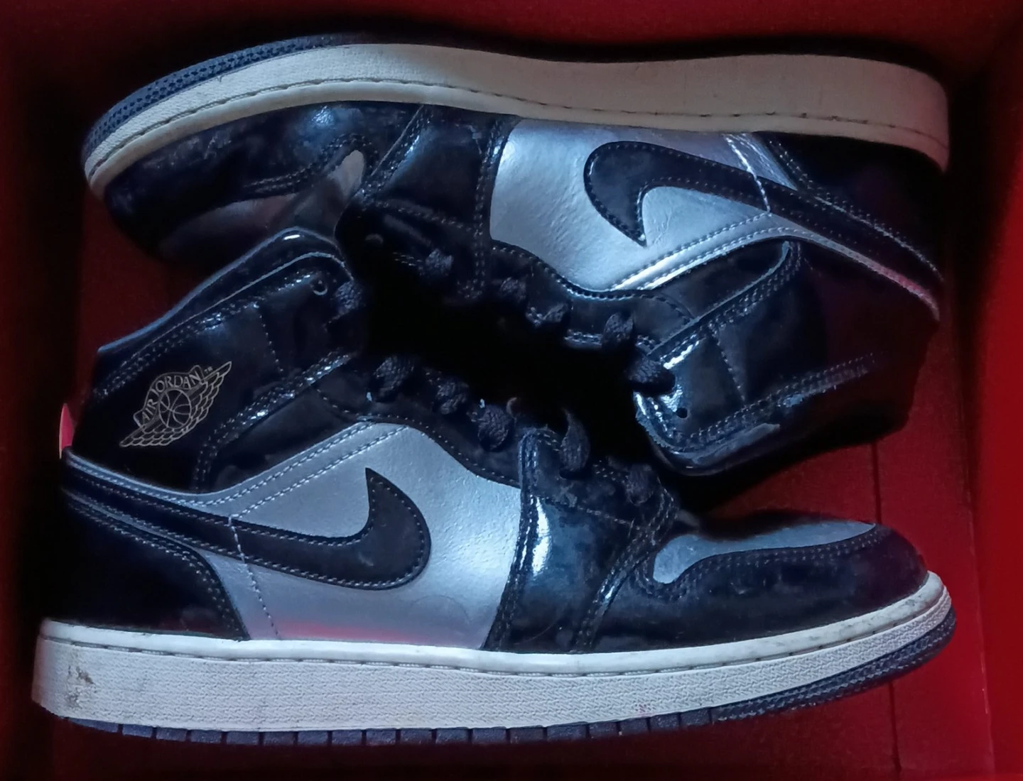 Air Jordan 1 Mid Black Silver Patent Leather Sneakers