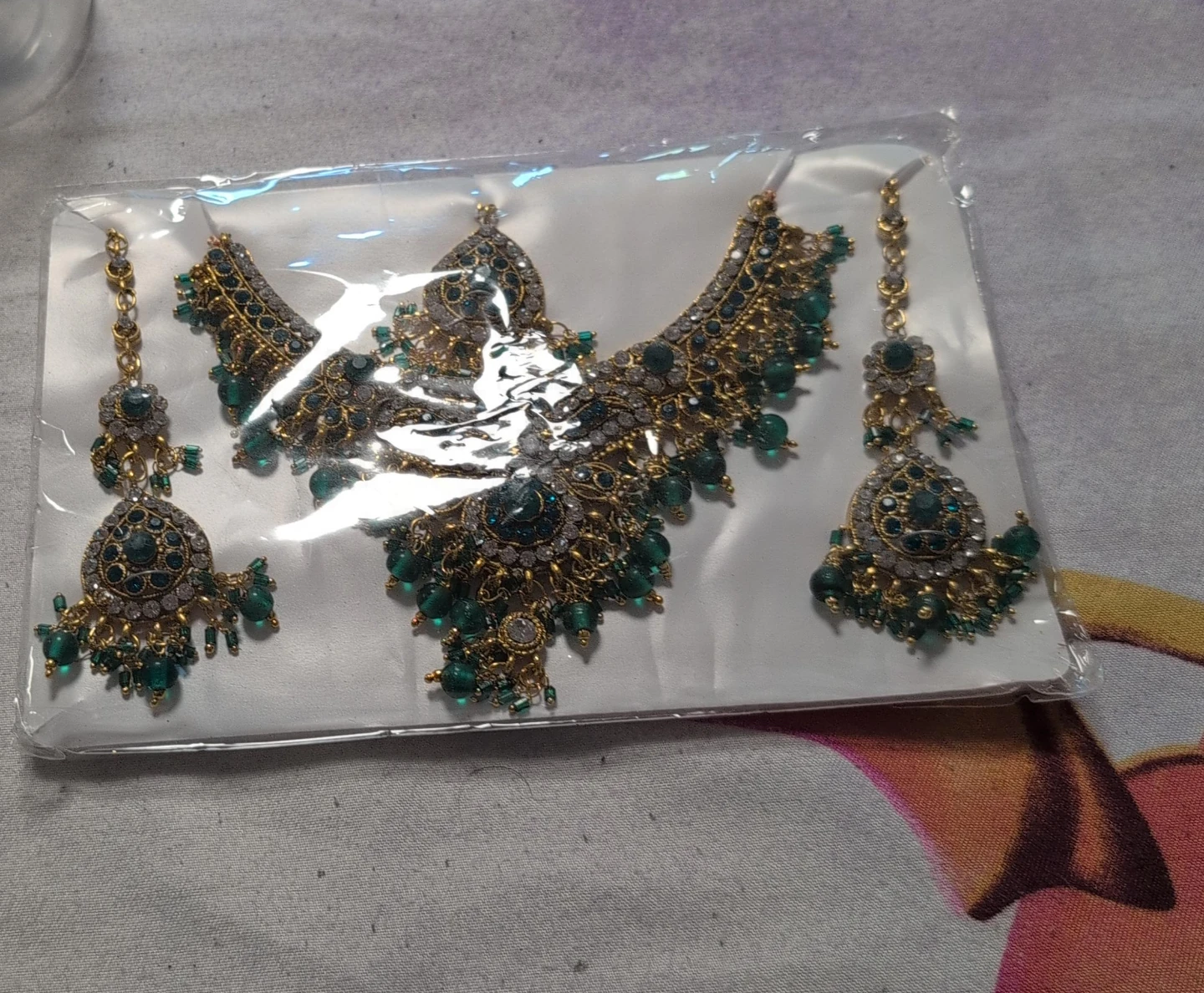 Green and Gold Indian Jewelry Set with Earrings and Tikka