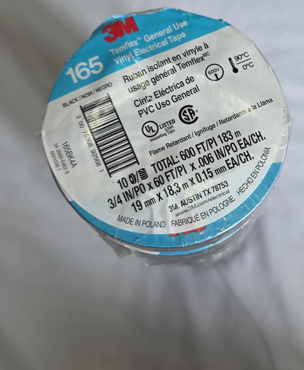 3M Temflex 165 General Use Vinyl Electrical Tape - Black