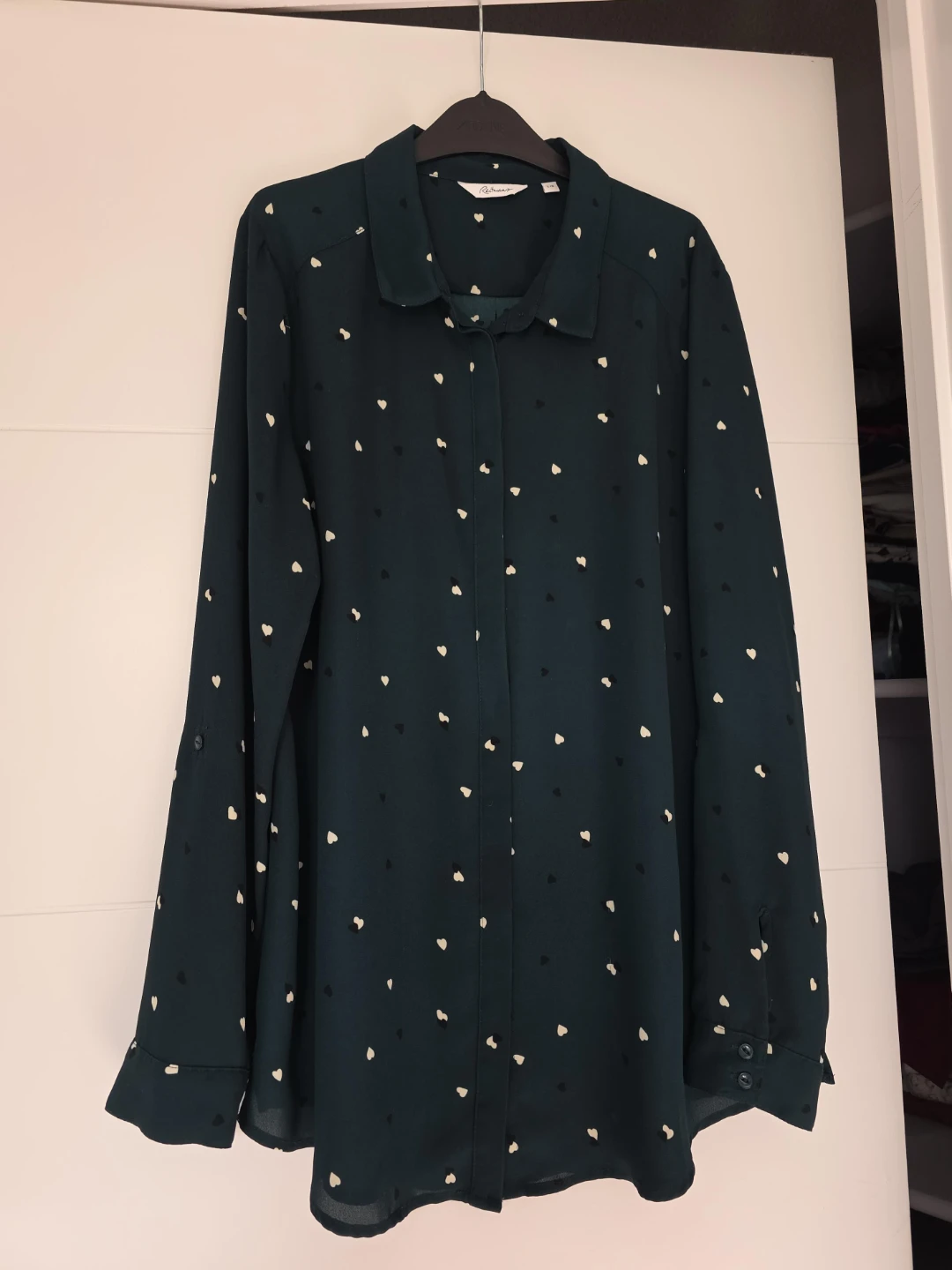 Dark Green Heart Print Button-Up Shirt - Size L