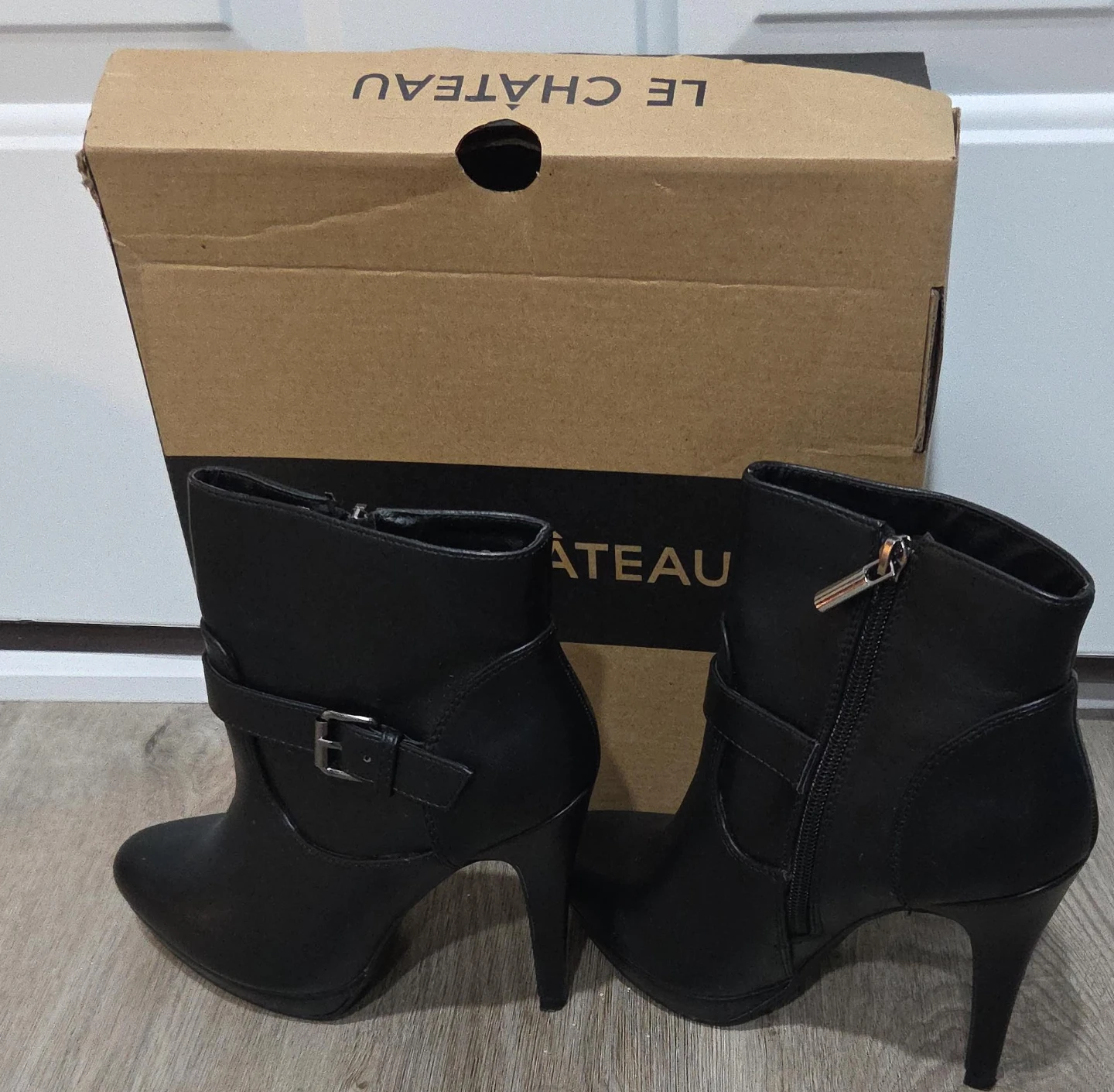 LE CHÂTEAU Black Faux Leather Ankle Boots with Buckle Detail